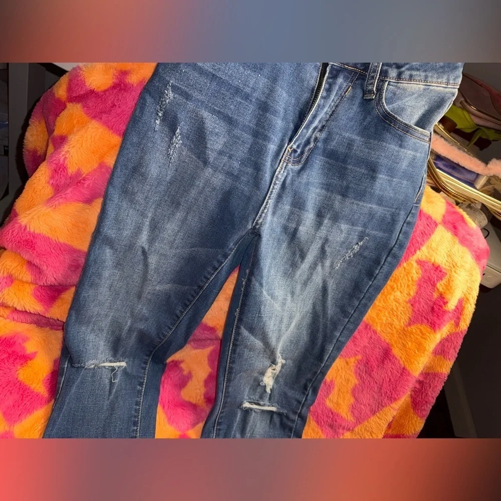 Fashion Nova Dark Blue Distressed Skinny Jeans